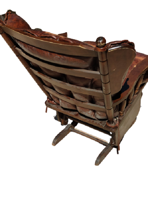 AHŞAP MASİF KOYU CEVİZ RENKDE SALLANAN KOLTUK KAHVERENGİ DERİ DÖŞEMELİ 