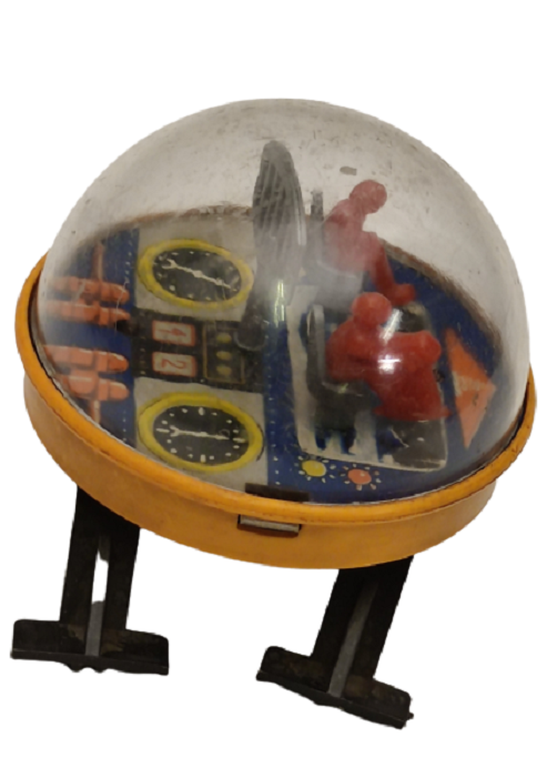 SSCB ESKİ SOVYET ZAMANI KURMALI TENEKE VE MİKA PLASTİK KARIŞIMI OYUNCAK FANUSLU AYAKLI UZAY ARACI