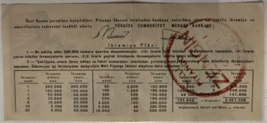 MİLLİ PİYANGO  23 NİSAN 1950 YARIM BİLET  266857 SERİ NOLU COK TEMİZ