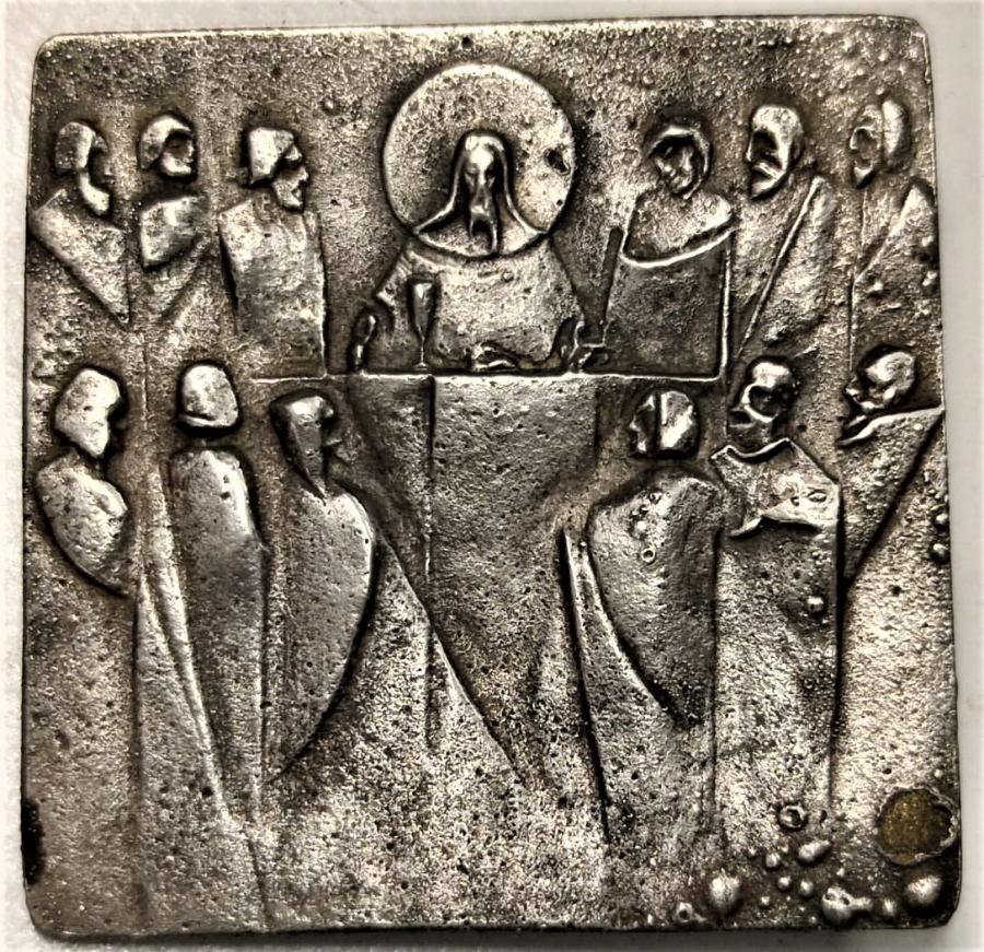  GÜMÜŞ DİNİ TEMALI İSA VE ON İKİ HAVARESİ  KARE FORMDA ARKASI İGNELİ MODEL 