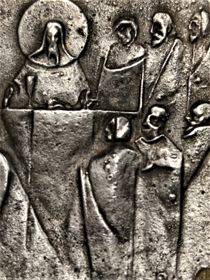  GÜMÜŞ DİNİ TEMALI İSA VE ON İKİ HAVARESİ  KARE FORMDA ARKASI İGNELİ MODEL 