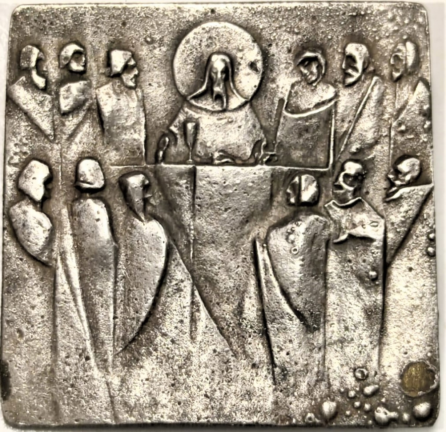  GÜMÜŞ DİNİ TEMALI İSA VE ON İKİ HAVARESİ  KARE FORMDA ARKASI İGNELİ MODEL 