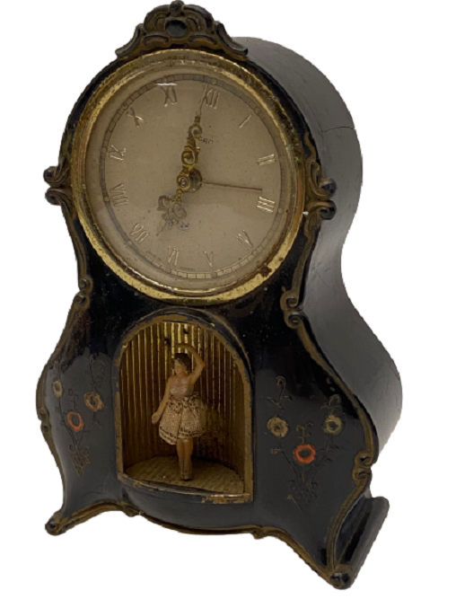 1950 ALMAN PETER MUSICAL CLOCK MEKANİK İÇİNDE ALARM ZAMANLARI DÖNEN BALERİN  BULUNAN METAL KASA ÇALAR SAAT