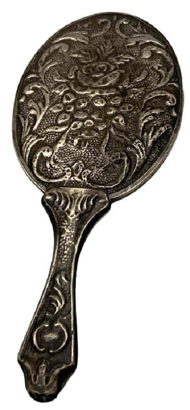 GÜMÜŞ DAMGALI ÜZERİ CİCEK İŞLEMELİ MAKYAJ EL  AYNASI