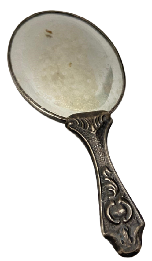 GÜMÜŞ DAMGALI ÜZERİ CİCEK İŞLEMELİ MAKYAJ EL  AYNASI