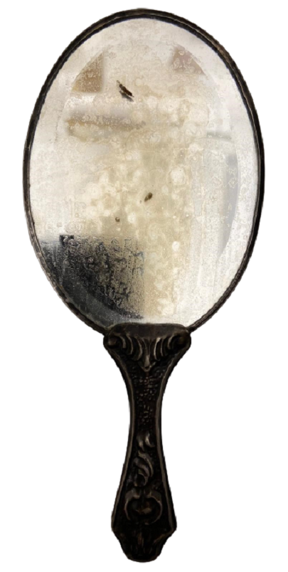 GÜMÜŞ DAMGALI ÜZERİ CİCEK İŞLEMELİ MAKYAJ EL  AYNASI