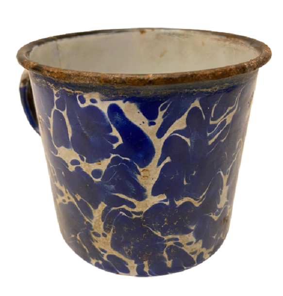 DIŞI LACİVERT BEYAZ FASARİT DESEN İÇ KISMI BEYAZ  RENKDE YANDAN KULPLU EMAYE KUPA