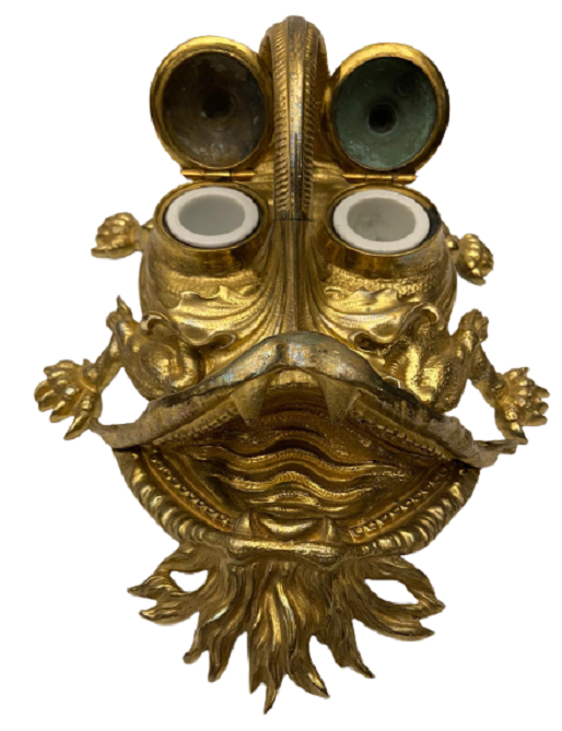 1970 FRANSIZ PİRİNÇ DÖRT AYAKLI EJDERHA FORMUNDA FARKLI FORMDA MASA ÜZERİ İÇERSİ CİFT PORSELEN KABLI GÖZ  HOKKA