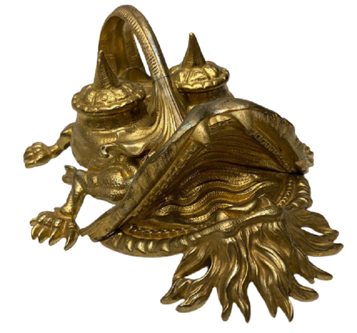 1970 FRANSIZ PİRİNÇ DÖRT AYAKLI EJDERHA FORMUNDA FARKLI FORMDA MASA ÜZERİ İÇERSİ CİFT PORSELEN KABLI GÖZ  HOKKA