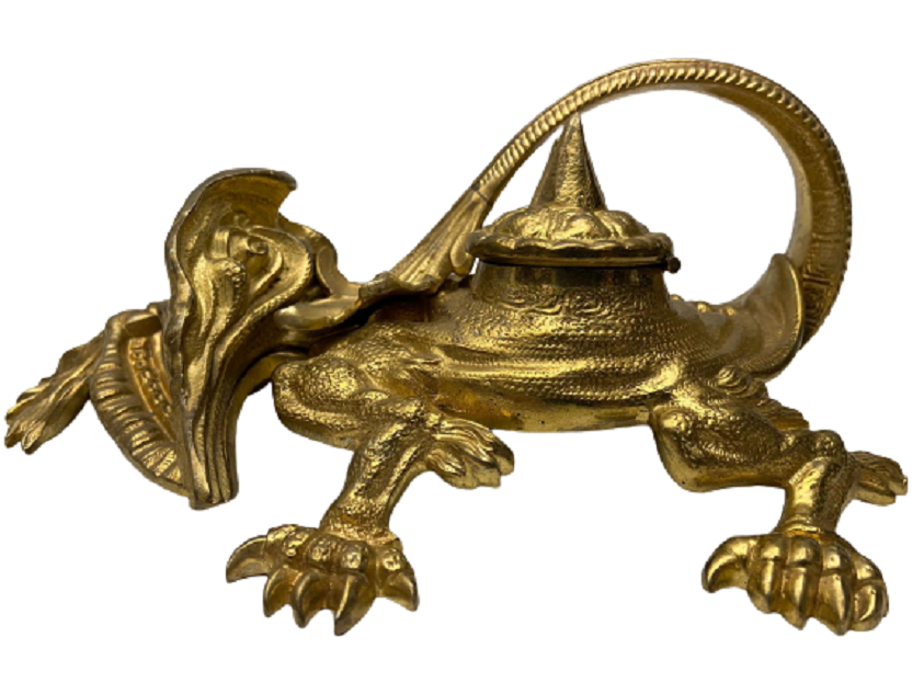 1970 FRANSIZ PİRİNÇ DÖRT AYAKLI EJDERHA FORMUNDA FARKLI FORMDA MASA ÜZERİ İÇERSİ CİFT PORSELEN KABLI GÖZ  HOKKA