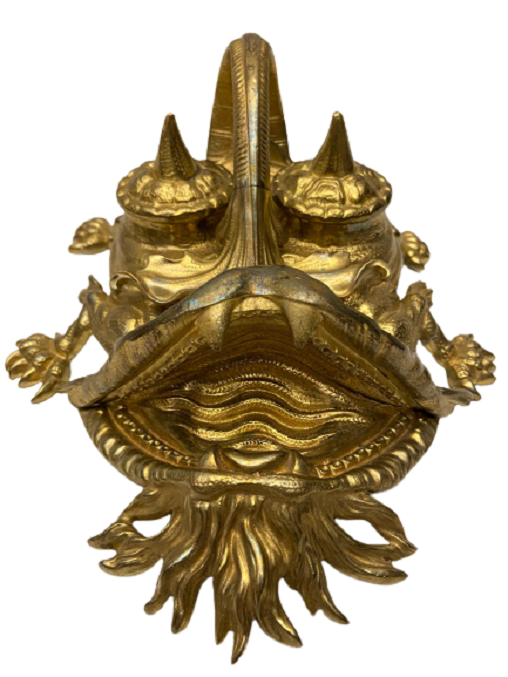 1970 FRANSIZ PİRİNÇ DÖRT AYAKLI EJDERHA FORMUNDA FARKLI FORMDA MASA ÜZERİ İÇERSİ CİFT PORSELEN KABLI GÖZ  HOKKA