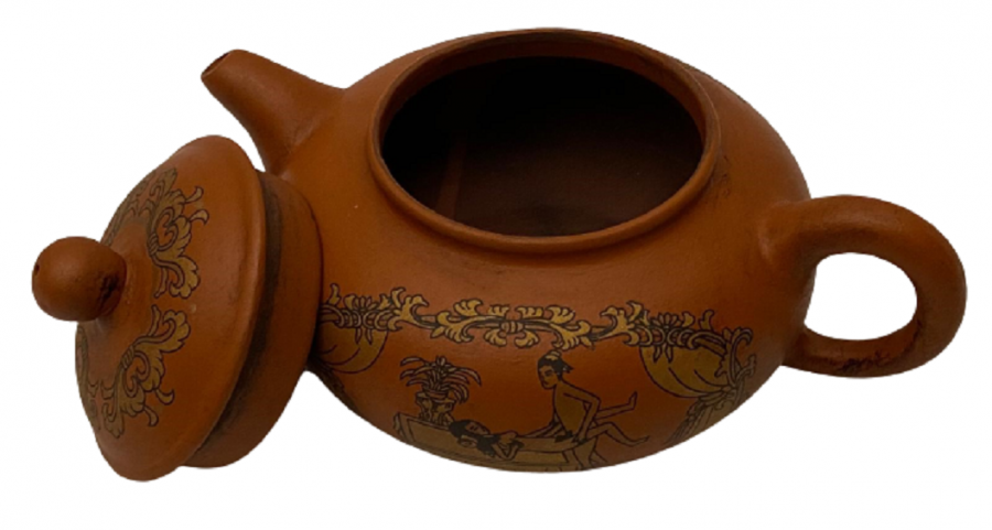 1950 TERAKOTA ÜZERİ EL İŞİ  EROTİK RESİMLİ KÜÇÜK BOY SIRLI PİŞMİŞ TOPRAK KAPAKLI DEMLİK