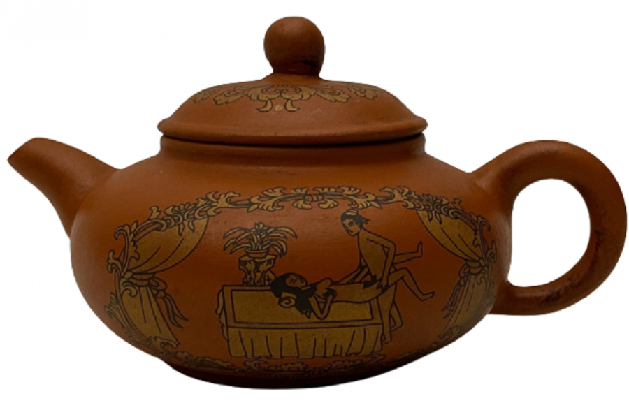 1950 TERAKOTA ÜZERİ EL İŞİ  EROTİK RESİMLİ KÜÇÜK BOY SIRLI PİŞMİŞ TOPRAK KAPAKLI DEMLİK