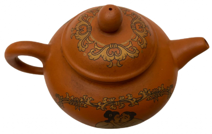 1950 TERAKOTA ÜZERİ EL İŞİ  EROTİK RESİMLİ KÜÇÜK BOY SIRLI PİŞMİŞ TOPRAK KAPAKLI DEMLİK