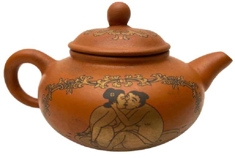 1950 TERAKOTA ÜZERİ EL İŞİ  EROTİK RESİMLİ KÜÇÜK BOY SIRLI PİŞMİŞ TOPRAK KAPAKLI DEMLİK