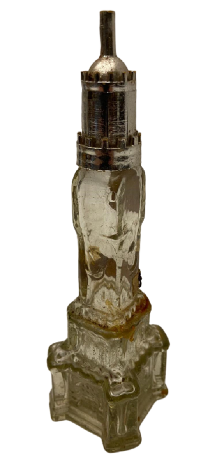 1960 İZMİR SAAT KULESİ ŞEKLİNDE CAM MİKA KAPAKLI KOLONYA ŞİŞESİ