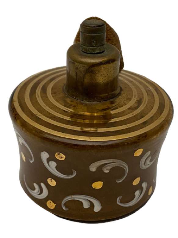 1930 POMPALI SİSTEM ÜZERİ MİNE İŞLEMELİ BOHEM CAM PARFÜM ŞİŞESİ