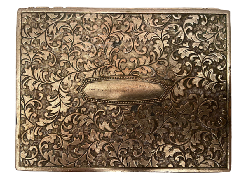 1940 PİRİNC ÜZERİ GÜMÜŞ KAPLAMA MASA ÜZERİ SIGARA İKRAM SUNUM SAKLAMA  KABI KÖMPLE ÜZERİ İŞLEMELİ KUTU