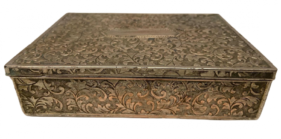 1940 PİRİNC ÜZERİ GÜMÜŞ KAPLAMA MASA ÜZERİ SIGARA İKRAM SUNUM SAKLAMA  KABI KÖMPLE ÜZERİ İŞLEMELİ KUTU