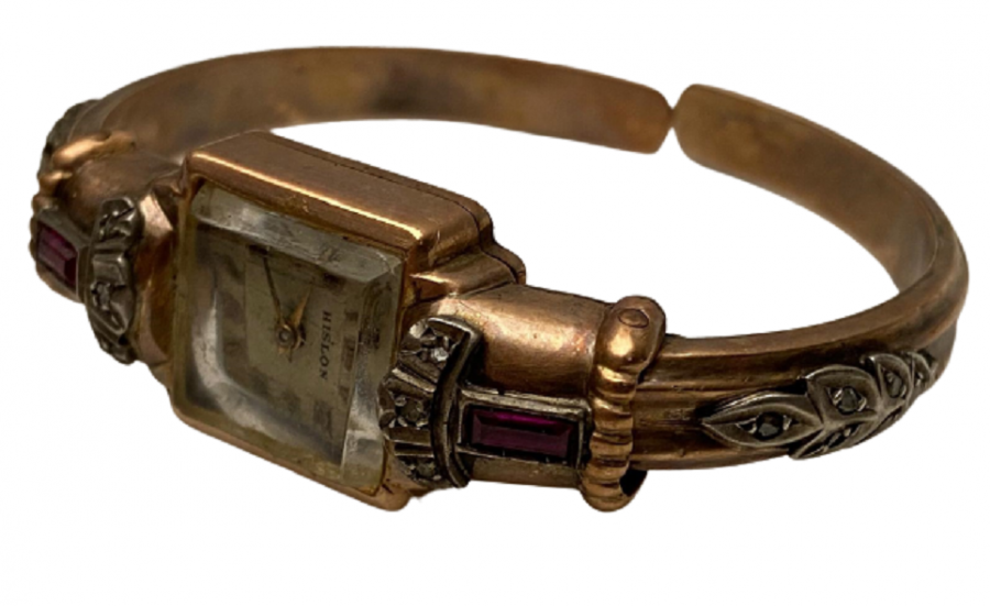 HISLON ALTIN 14K KAPLAMA MEKANİK KURMALI  DEGERLİ TAŞLARLA İŞLENMİŞ BİLEZİK  KORDONLU SAAT