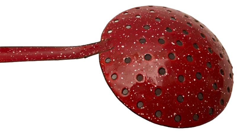 1950 ÜCLÜ KIRMIZI  BEYAZ PUANLI EMAYE SÜZGEÇLİ KAŞIK  KEPÇE  KAŞIK  MUTFAK SETİ COK TEMİZ