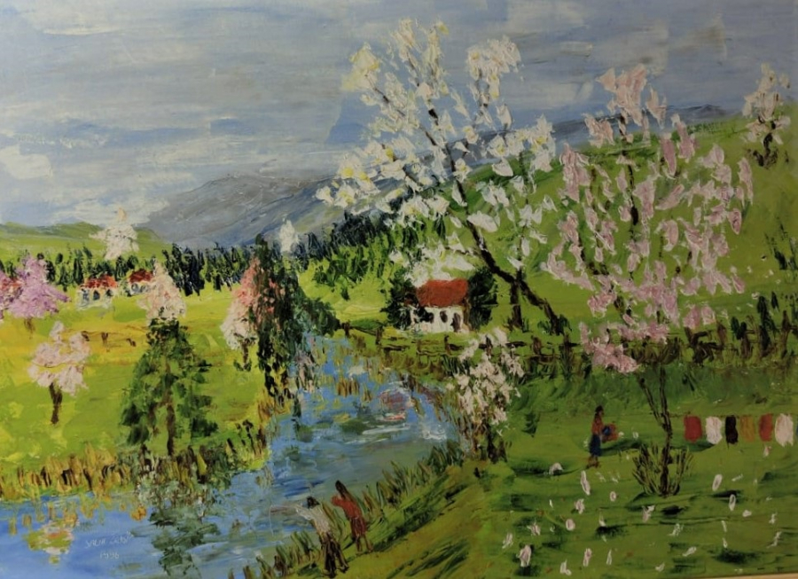 SALİH  ZEKİ 1996 TARİHLİ VE İMZALI YAGLI BOYA ESER IRMAK KENARINDA CAMAŞIR YIKAYANLAR KONULU 