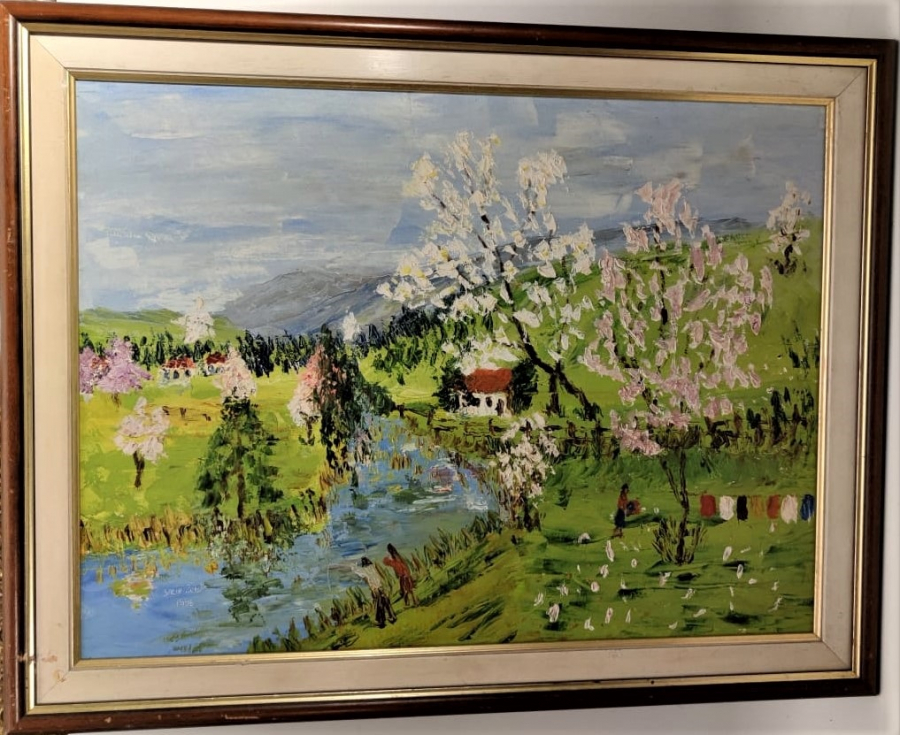 SALİH  ZEKİ 1996 TARİHLİ VE İMZALI YAGLI BOYA ESER IRMAK KENARINDA CAMAŞIR YIKAYANLAR KONULU 