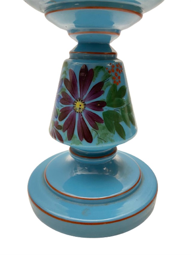 1900 OSMANLI MAVİ KOPARMA OPALİN ÜZERİ EL BOYAMA GAZ LAMBASI