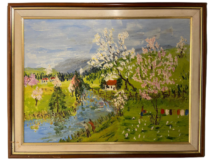 SALİH  ZEKİ 1996 TARİHLİ VE İMZALI YAGLI BOYA ESER IRMAK KENARINDA CAMAŞIR YIKAYANLAR KONULU 