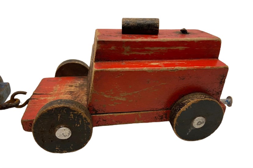 1950 EL YAPIMI AHŞAP OYUNCAK LOKOMATİF VE TEK YÜK VAGONLU TREN