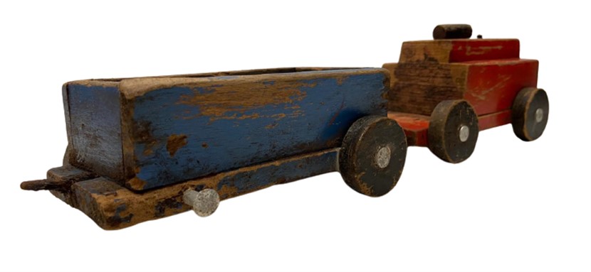 1950 EL YAPIMI AHŞAP OYUNCAK LOKOMATİF VE TEK YÜK VAGONLU TREN