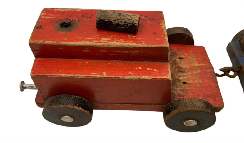 1950 EL YAPIMI AHŞAP OYUNCAK LOKOMATİF VE TEK YÜK VAGONLU TREN