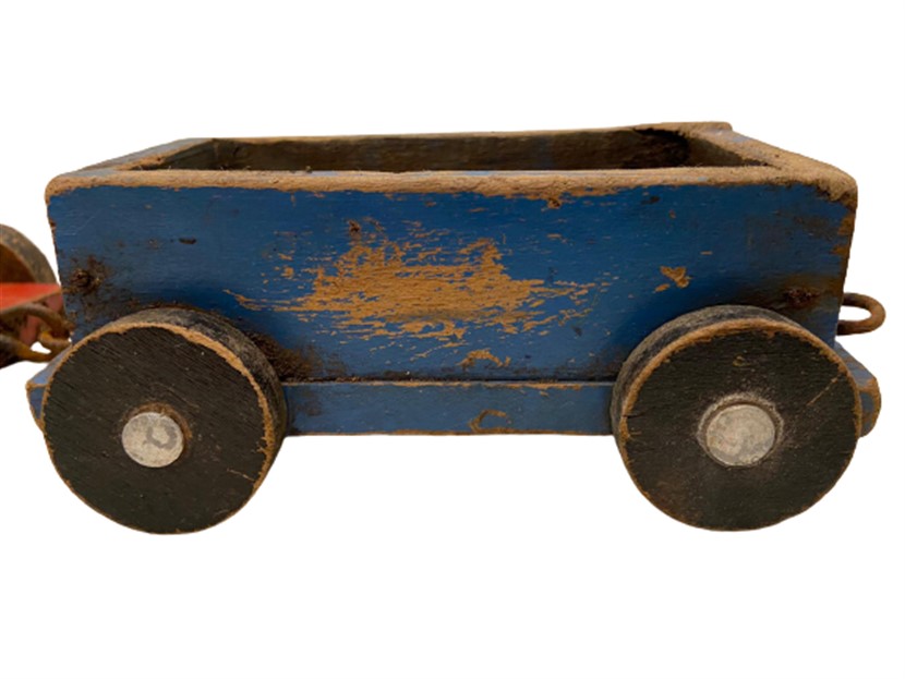 1950 EL YAPIMI AHŞAP OYUNCAK LOKOMATİF VE TEK YÜK VAGONLU TREN