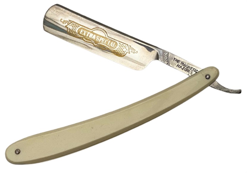 1950 ORİJİNAL KENDİ KUTUSUNDA KULLANILMAMIŞ 0 EXTRA HOLLOW GROUND FULLY WARRANTED BEYAZ BAKALİT SAPLI USTURA