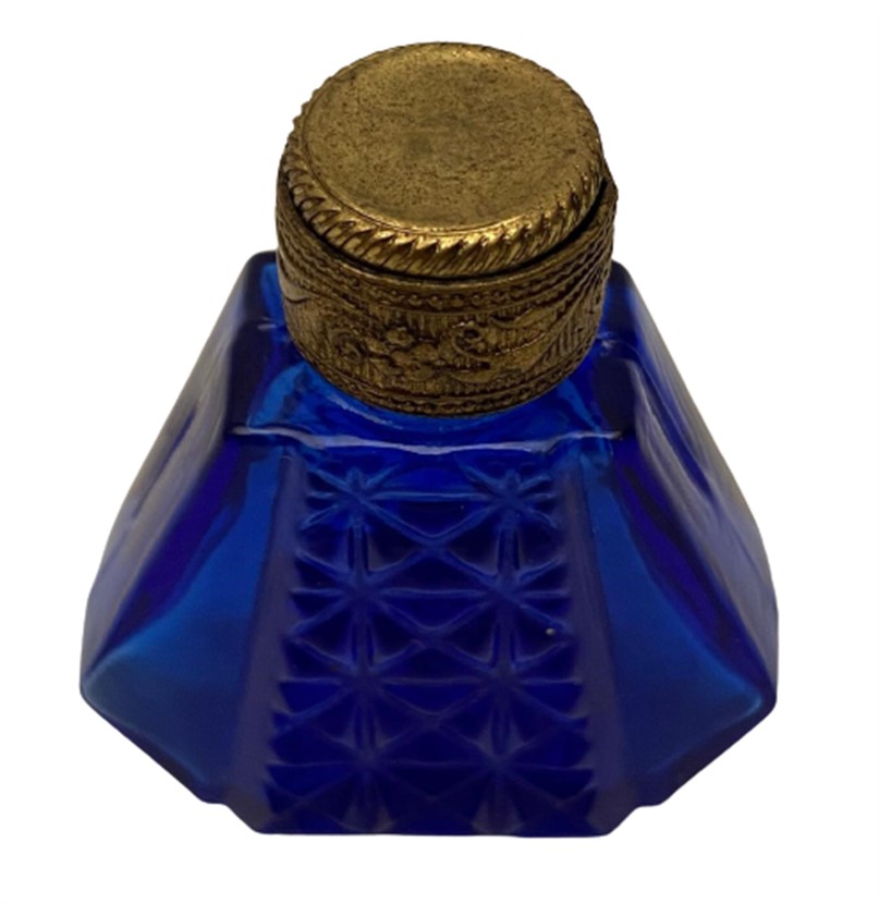 MAVİ KOBALT CAM İŞLEMELİ METAL KAPAKLI SURME CUBUKLU MİNYATÜR BOY KOKU ŞİŞESİ