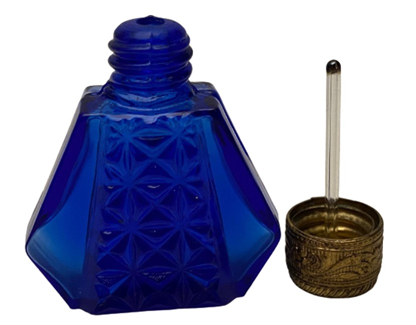 MAVİ KOBALT CAM İŞLEMELİ METAL KAPAKLI SURME CUBUKLU MİNYATÜR BOY KOKU ŞİŞESİ