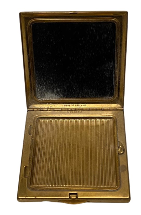 ÜZERİ SEDEF İŞLEMELİ ENGLAND MELİSSA ALTIN KAPLAMA CANTA İÇİ AYNALI KAPAKLI PUDRA KABI