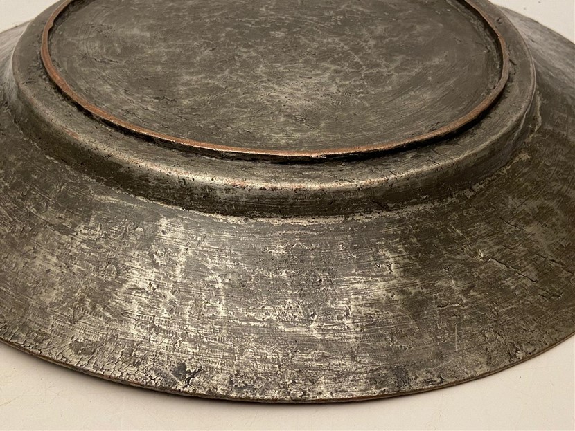 OSMANLI DÖGME BAKIR  BUYUK BOY ÜZERİ KALEM İŞLEMELİ  TAMİR YAMALI BAKIR LENGER