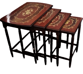 1970 CEVİZ AYAKLAR MASİF ÜZERİ MARKUTERİ EL İŞCİLİKLİ  CİCEK DESEN  İŞCİLİKLİ  DÖRTLÜ İÇ İÇE GECME ZİGON SEHBA