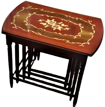 1970 CEVİZ AYAKLAR MASİF ÜZERİ MARKUTERİ EL İŞCİLİKLİ  CİCEK DESEN  İŞCİLİKLİ  DÖRTLÜ İÇ İÇE GECME ZİGON SEHBA