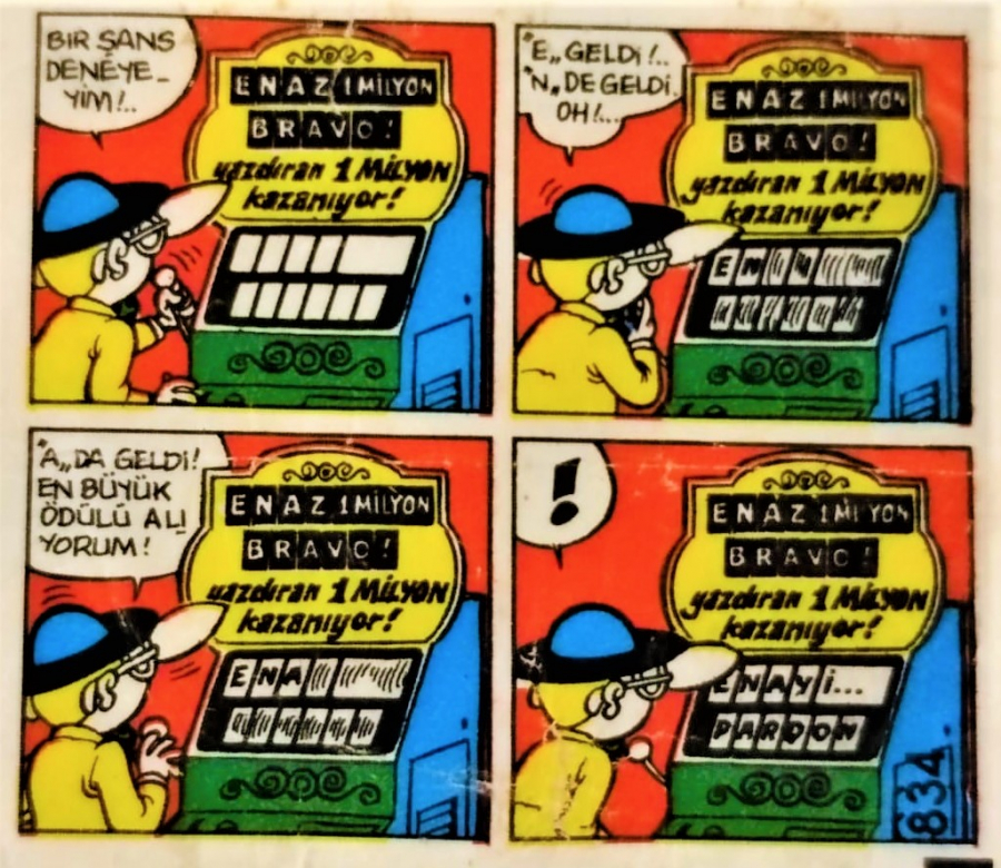  TİPİTİP SAKIZ VE CİKLET İÇERSİNDEN CIKAN YAĞLI KAGIT TÜRÜNDE RENKLİ TİFDRUK BASKI İLE KONULU MİZANSEN KARİKATÜR 