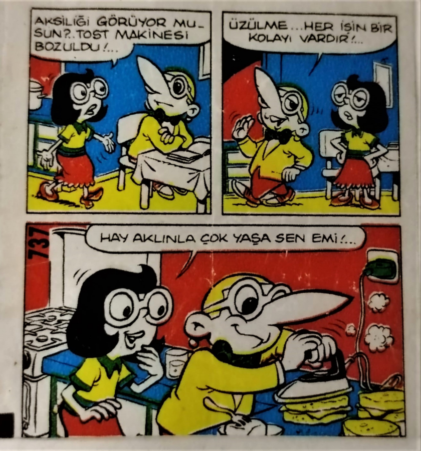  TİPİTİP SAKIZ VE CİKLET İÇERSİNDEN CIKAN YAĞLI KAGIT TÜRÜNDE RENKLİ TİFDRUK BASKI İLE KONULU MİZANSEN KARİKATÜR