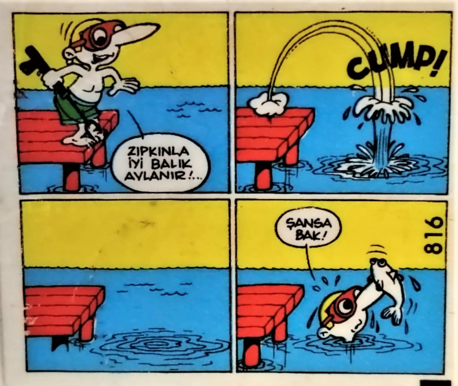  TİPİTİP SAKIZ VE CİKLET İÇERSİNDEN CIKAN YAĞLI KAGIT TÜRÜNDE RENKLİ TİFDRUK BASKI İLE KONULU MİZANSEN KARİKATÜR