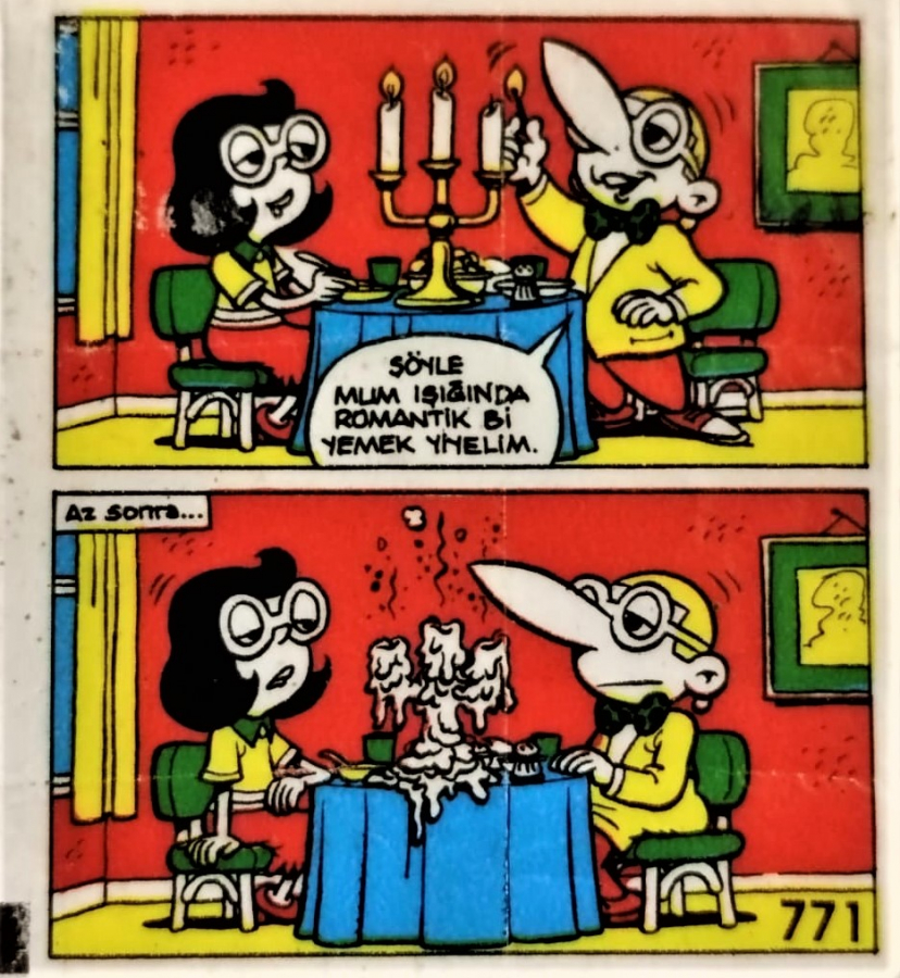  TİPİTİP SAKIZ VE CİKLET İÇERSİNDEN CIKAN YAĞLI KAGIT TÜRÜNDE RENKLİ TİFDRUK BASKI İLE KONULU MİZANSEN KARİKATÜR 