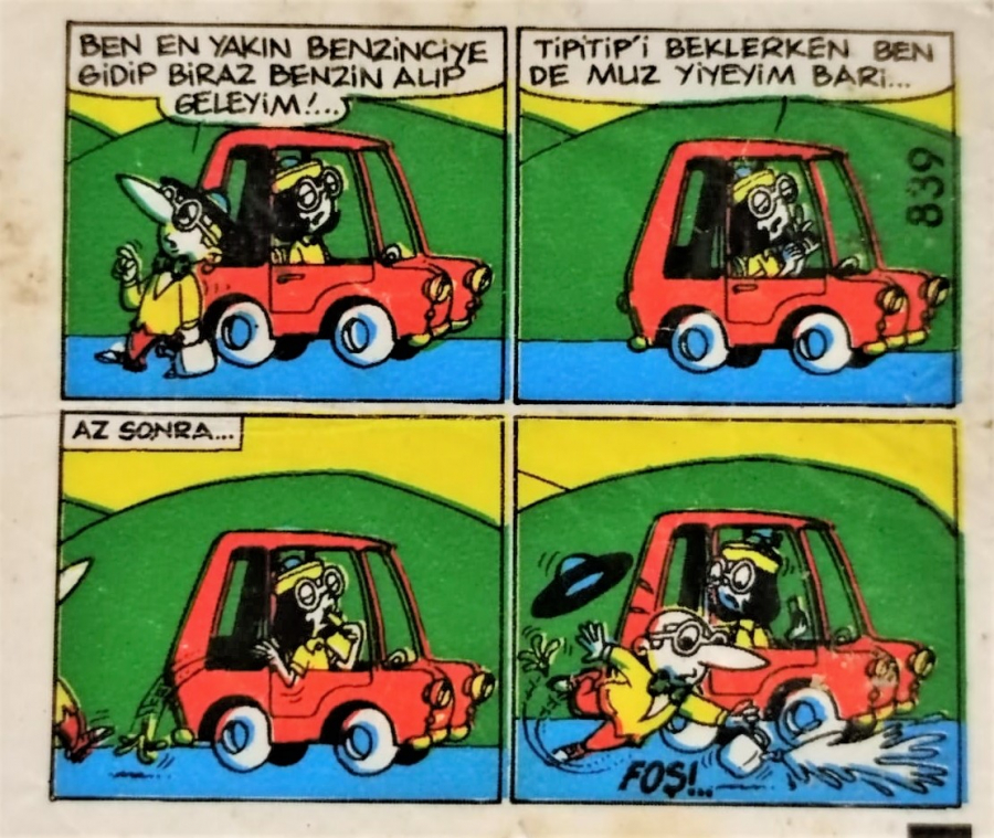  TİPİTİP SAKIZ VE CİKLET İÇERSİNDEN CIKAN YAĞLI KAGIT TÜRÜNDE RENKLİ TİFDRUK BASKI İLE KONULU MİZANSEN KARİKATÜR