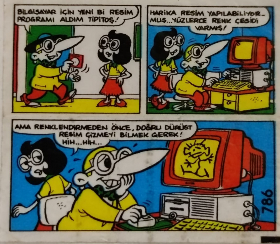  TİPİTİP SAKIZ VE CİKLET İÇERSİNDEN CIKAN YAĞLI KAGIT TÜRÜNDE RENKLİ TİFDRUK BASKI İLE KONULU MİZANSEN KARİKATÜR