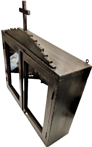 1930 ÜZERİ HAC EL YAPIMI İKONA DUA DİNSEL OBJE KOYULAN AHŞAP DOLAP CİFT CAM CERCEVE KAPILI KOMPLE MASİF