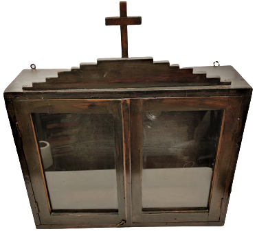 1930 ÜZERİ HAC EL YAPIMI İKONA DUA DİNSEL OBJE KOYULAN AHŞAP DOLAP CİFT CAM CERCEVE KAPILI KOMPLE MASİF