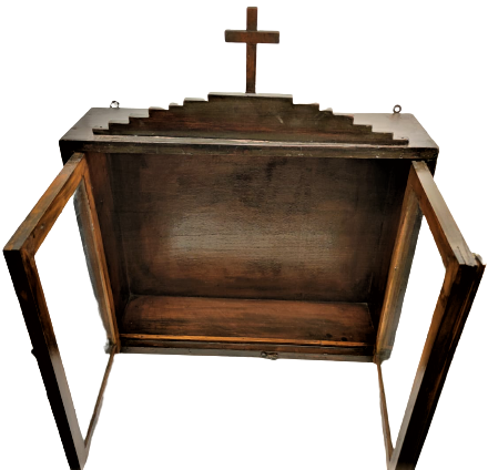 1930 ÜZERİ HAC EL YAPIMI İKONA DUA DİNSEL OBJE KOYULAN AHŞAP DOLAP CİFT CAM CERCEVE KAPILI KOMPLE MASİF