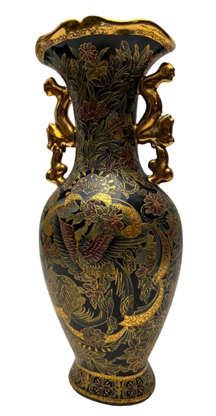 ÜZERİ ALTIN EL BOYAMA CENNET KUŞLARI KABARTMA MİNE İŞÇİLİKLİ KOBALT MAVİSİ PORSELEN VAZO